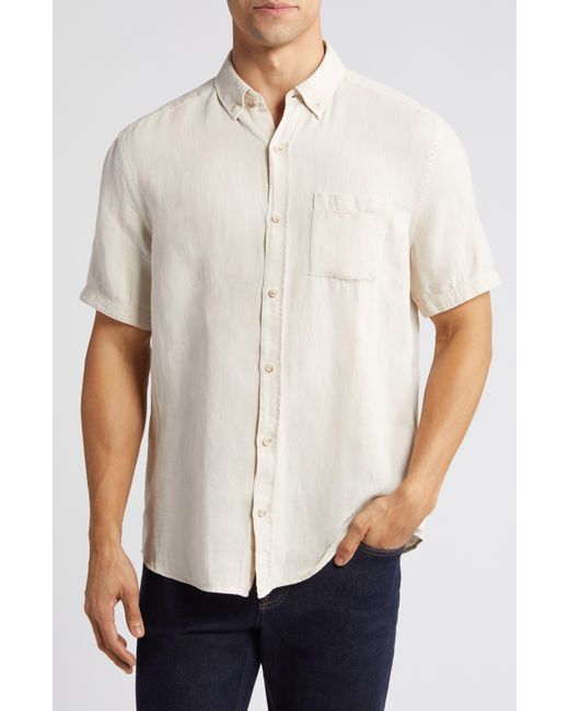 Johnston & Murphy White Antique Dyed Linen Blend Short Sleeve Button-down Shirt for men