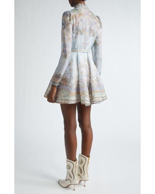 Zimmermann Eden Belted Long Sleeve Linen & Silk Minidress in White | Lyst