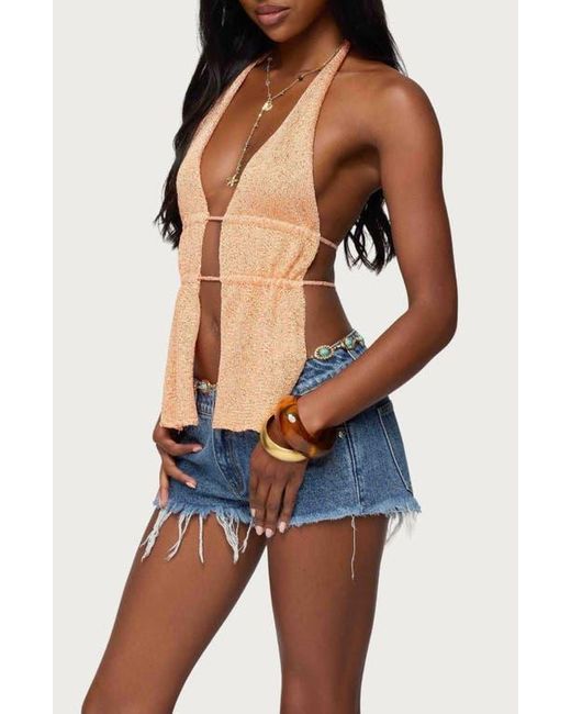 Edikted Blue Sequin Split Front Knit Halter Top