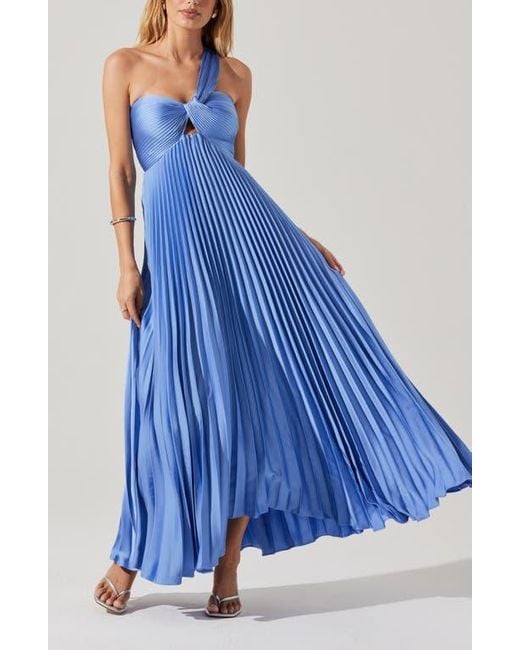 Astr Blue Rasya Pleated One-Shoulder Maxi Dress