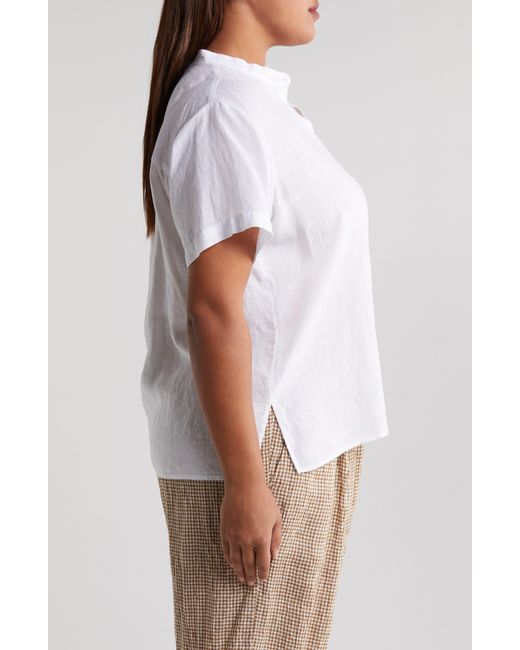 Eileen Fisher White Band Collar Short Sleeve Organic Linen Button-up Shirt