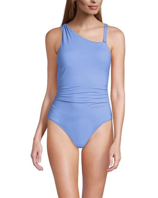 Lands' End Blue Chlorine Resistant Shirred One Shoulder One Piece Swimsuit Removable Adjustable Strap