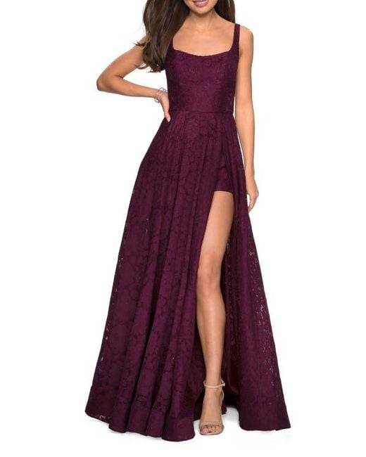 La Femme Women's Purple Long Lace Prom Dress With Attached Shorts