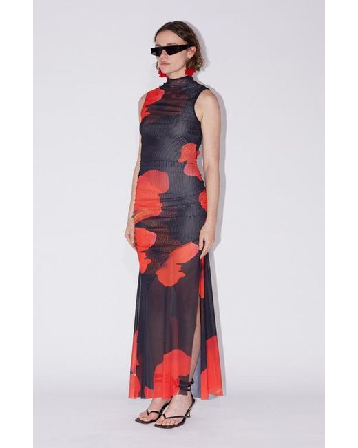 Saemdi Women's Red Floral Printed Mesh Dress