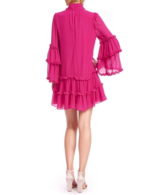 Badgley Mischka Pink Tiered Ruffle Long Sleeve Keyhole Cutout Trapeze Dress