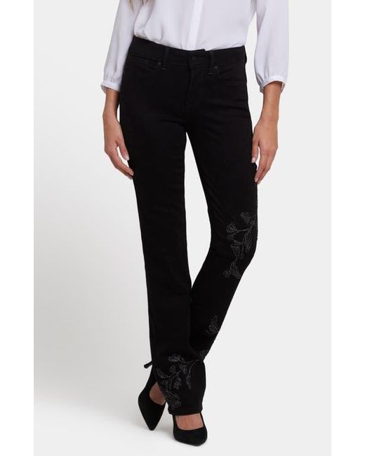 NYDJ Black Marilyn Floral Embroidered Straight Leg Jeans