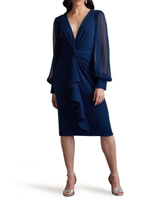 Tadashi Shoji Blue Ruffle Long Sleeve Chiffon Dress