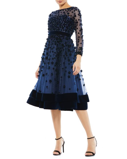 Mac Duggal Black Long Sleeve Fit & Flare Velvet Embellished Cocktail Dress
