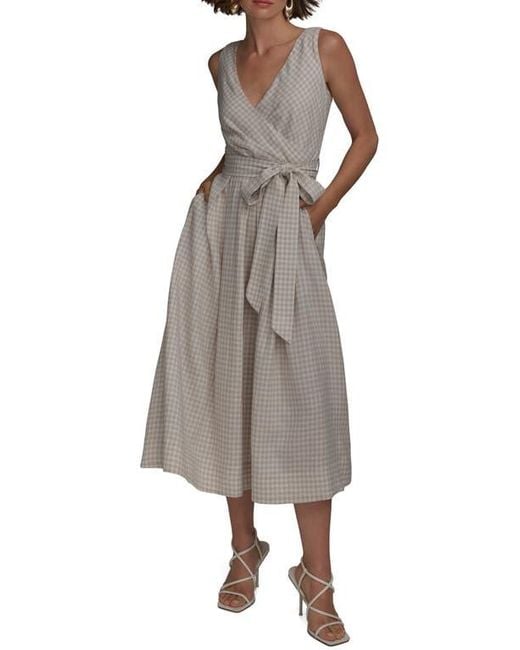 Donna Karan Brown Gingham Linen Blend Faux-Wrap Midi Dress