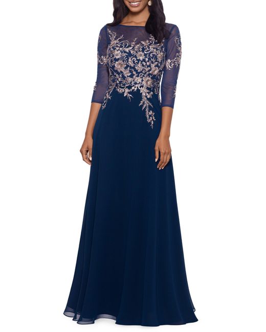 Betsy & Adam Blue Metallic Embroidered Gown