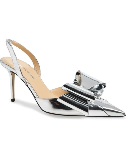 Mach & Mach White Le Cadeau Bow Pointed Toe Metallic Slingback Pump