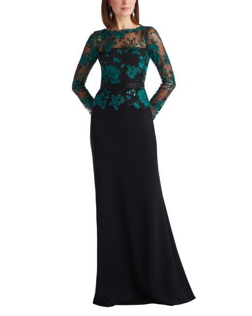 Tadashi Shoji Black Floral Lace Embroidery Long Sleeve Gown