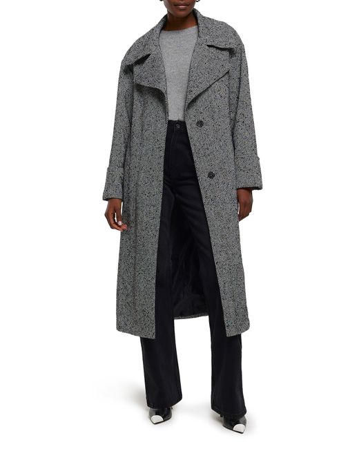River Island Oversize Belted Herringbone Trench Coat in Black Lyst