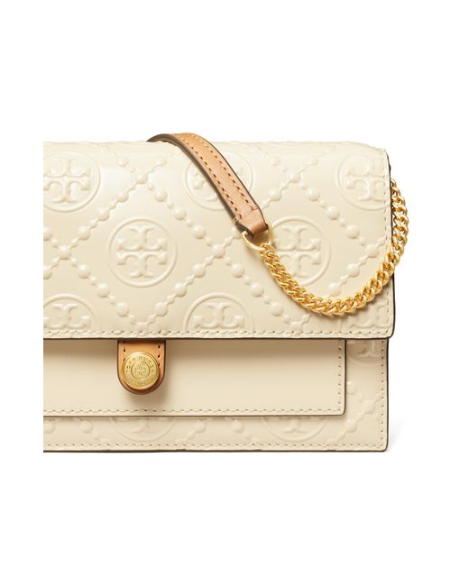Tory Burch Natural T Monogram Embossed Leather Wallet On A Chain
