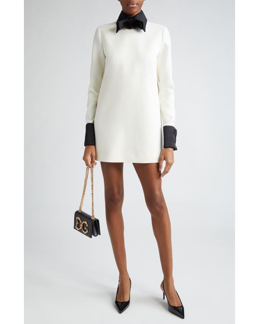 Dolce & Gabbana White Contrast Trim Long Sleeve Wool Blend Shift Dress