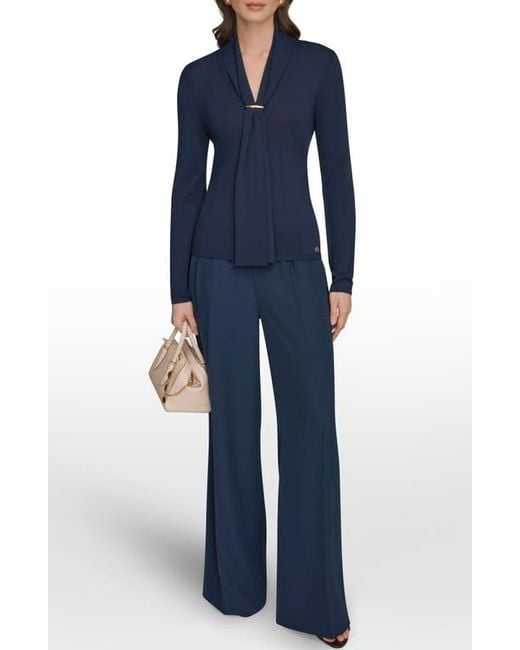 Donna Karan Blue Drape Neck Sweater