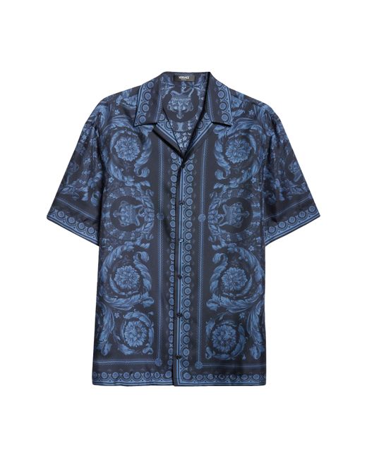 Versace Blue Barocco Print Silk Button-up Shirt for men