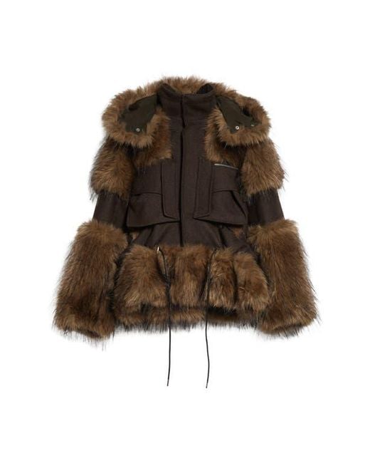 Sacai Brown Melton Wool & Faux Fur Jacket