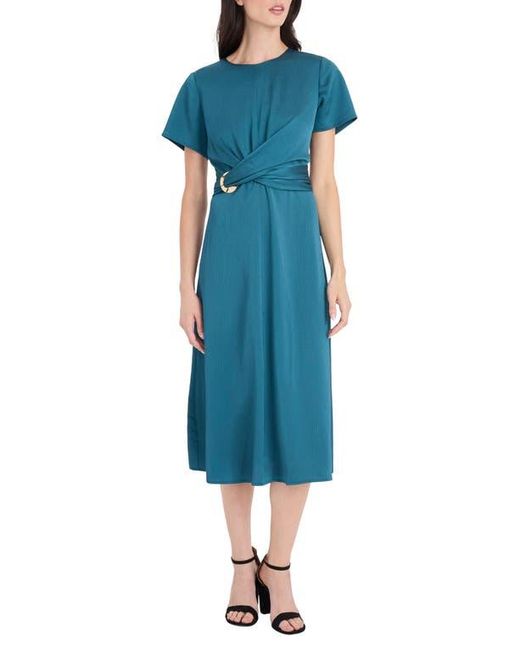 Maggy London Blue Buckle Detail Hammered Satin Midi Dress