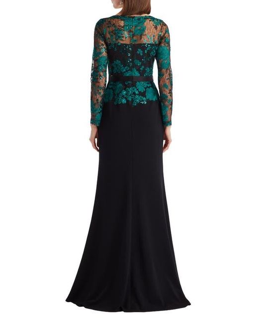 Tadashi Shoji Black Floral Lace Embroidery Long Sleeve Gown