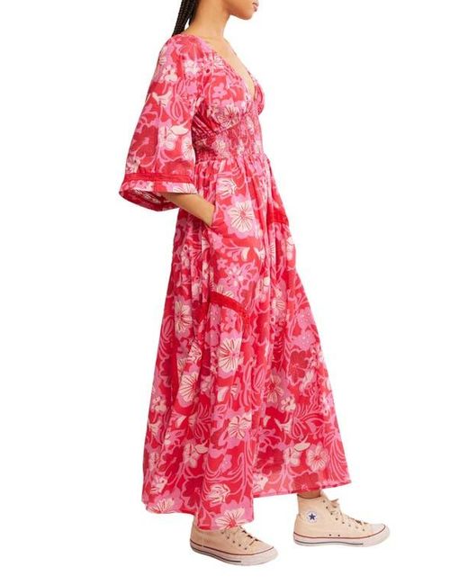 Free People Red Printed Smocked Waist Maxi Dress