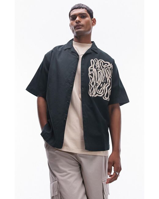 Topman Green Oversize squiggle Print Camp Shirt for men