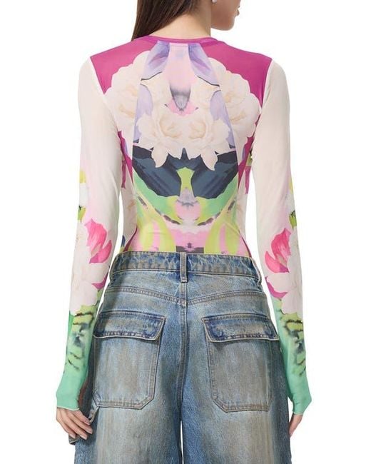 AFRM Blue Kaylee Print Sheer Mesh Top
