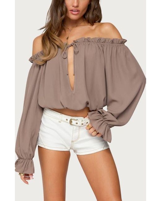 Edikted Brown Juna Off The Shoulder Ruffle Chiffon Top
