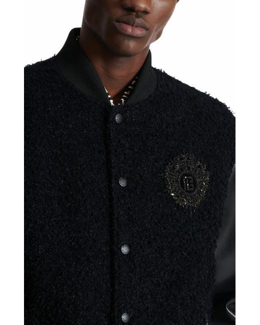 Balmain Black Varsity Tweed And Faux Leather Jacket for men