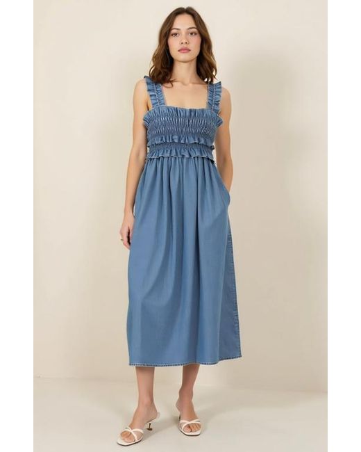 Modenaire Blue Smocked Ruffle Strap Square Neck Flowy Midi Dress