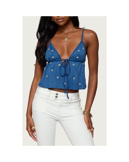 Edikted Blue Soleil Embroidered Daisy Open Back Camisole