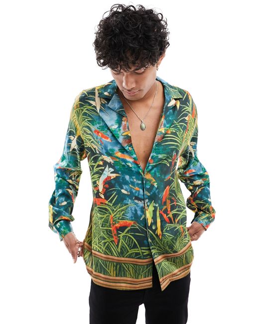 ASOS Green Tropical Print Satin Button-up Shirt for men
