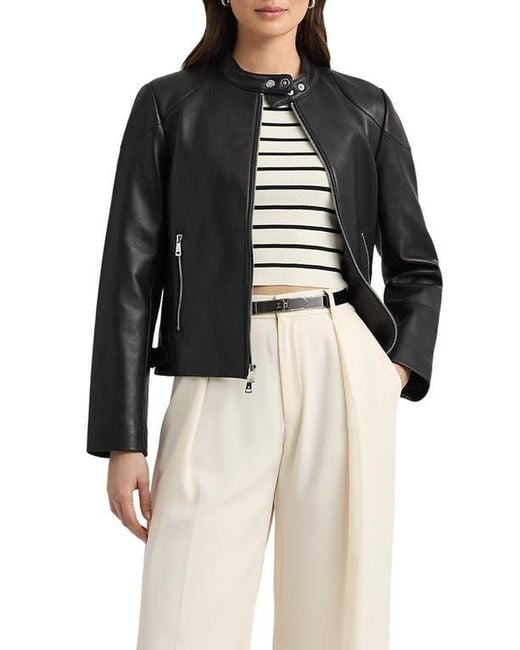 Ralph Lauren Lambskin Leather Moto Jacket in Black | Lyst