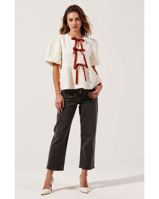 Modenaire White Textured Puff-Sleeve Peplum Blouse With Bow-Tie Front