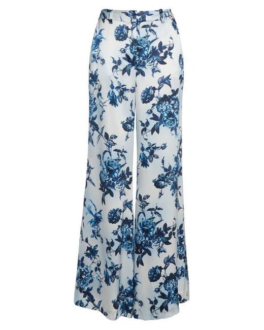 L'Agence Blue Pilar Rose Print Wide Leg Silk Pants