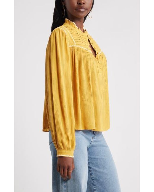 Treasure & Bond Blue High Neck Embroidered Long Sleeve Top