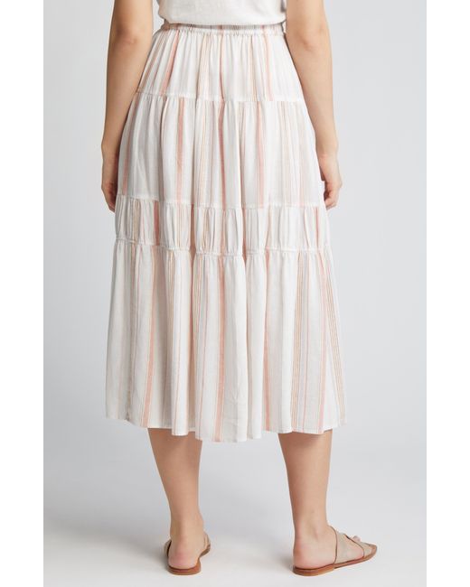 Caslon White Caslon(r) Stripe Tiered Linen Blend Midi Skirt