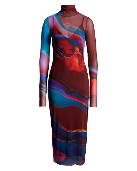AFRM Red Shailene Long Sleeve Turtleneck Mesh Dress