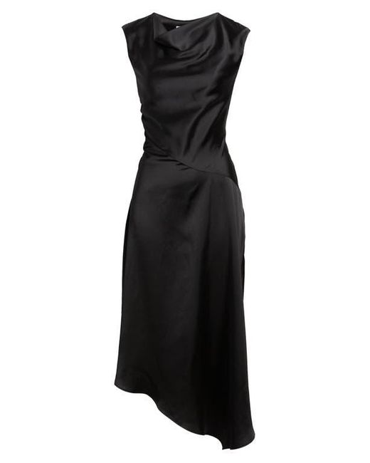 Open Edit Black Cowl Neck Asymmetric Satin Midi Dress