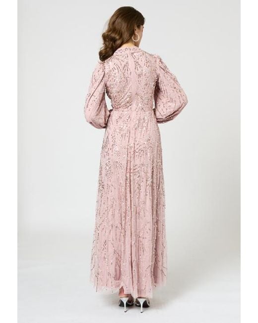 MARYISA Occasion Modest Embellished Sequin Beaded High Neck Evening Dress  in Pink | Lyst