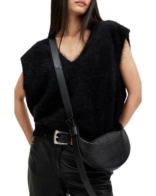 AllSaints Black Half Moon Snake Embossed Leather Crossbody Bag