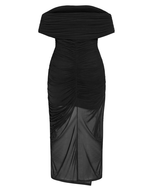 City Chic Black Marianne Off The Shoulder Ruched Mesh Midi Dress