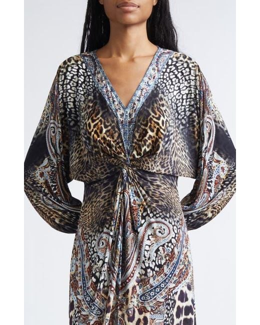 Camilla Multicolor Twist Front Long Sleeve Jersey Midi Dress