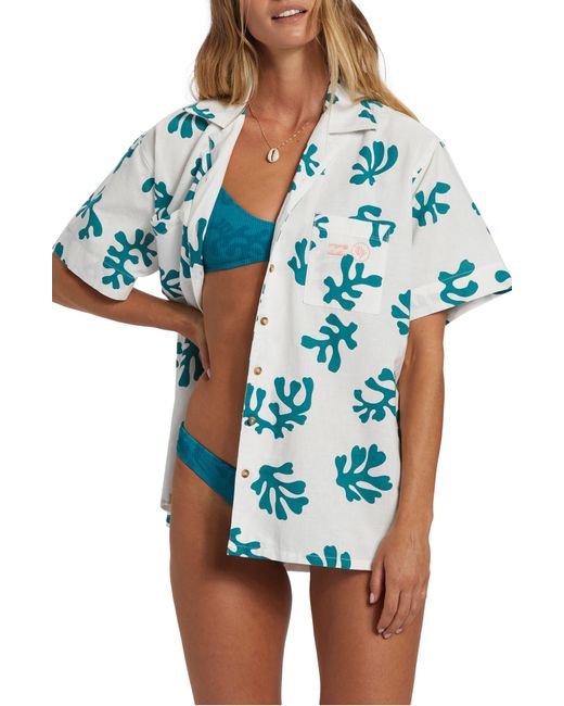 Billabong Blue Campy Coral Cotton & Linen Cover-up Shirt