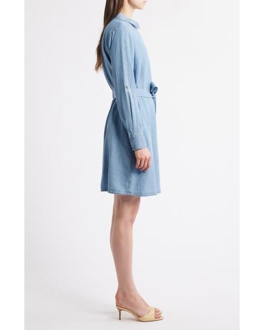Kobi Halperin Blue Tie Waist Button Front Long Sleeve Chambray Dress