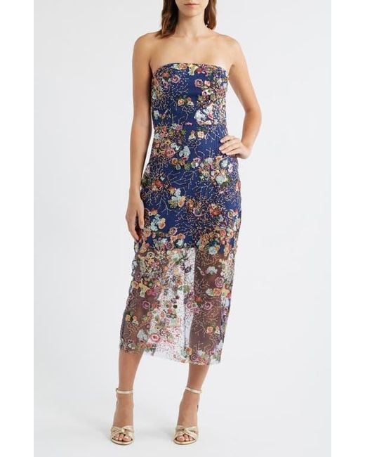 Sam Edelman Floral Sequin Strapless Midi Dress in Blue | Lyst