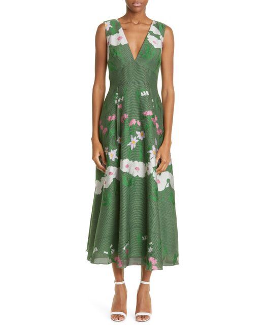 Lela Rose Green Garden Fil Coupé Wool Blend Midi Dress