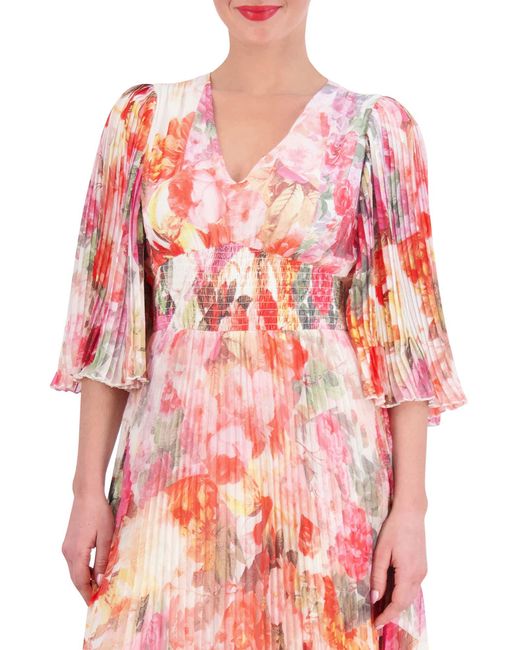 Vince Camuto Pink Floral Print Pleated Chiffon Maxi Dress