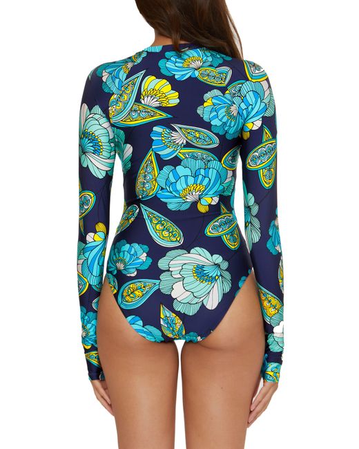 Trina Turk Blue Pirouette Floral Half Zip Long Sleeve One-piece Rashguard Swimsuit
