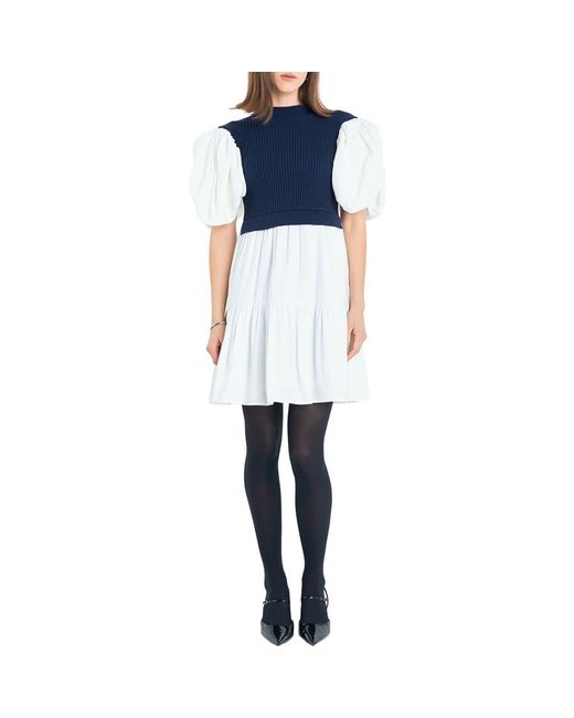 English Factory Blue Puff Sleeve Mixed Media Sweater Dress